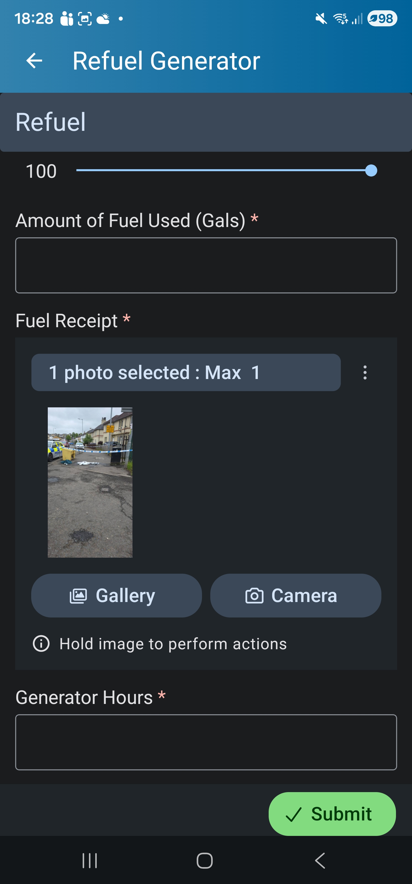 MX+ Mobile Refuel Generator form — gallons slider, fuel-receipt photo capture, generator hours, submit.