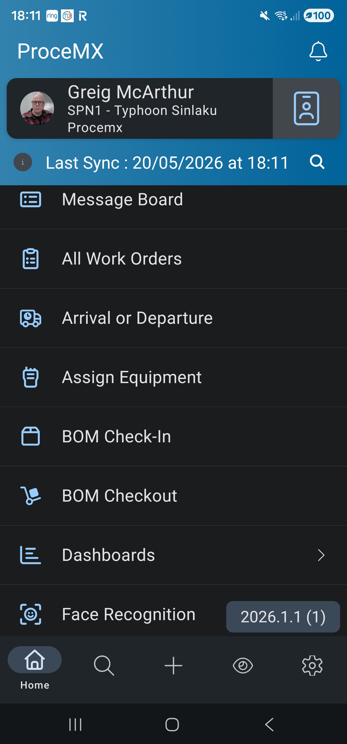 MX+ Mobile app — home screen showing Greig McArthur assigned to SPN1 Typhoon Sinlaku ProceMX, with Message Board, Work Orders, Arrival/Departure, Assign Equipment, BOM Check-In/Checkout, Dashboards, and Face Recognition tiles.