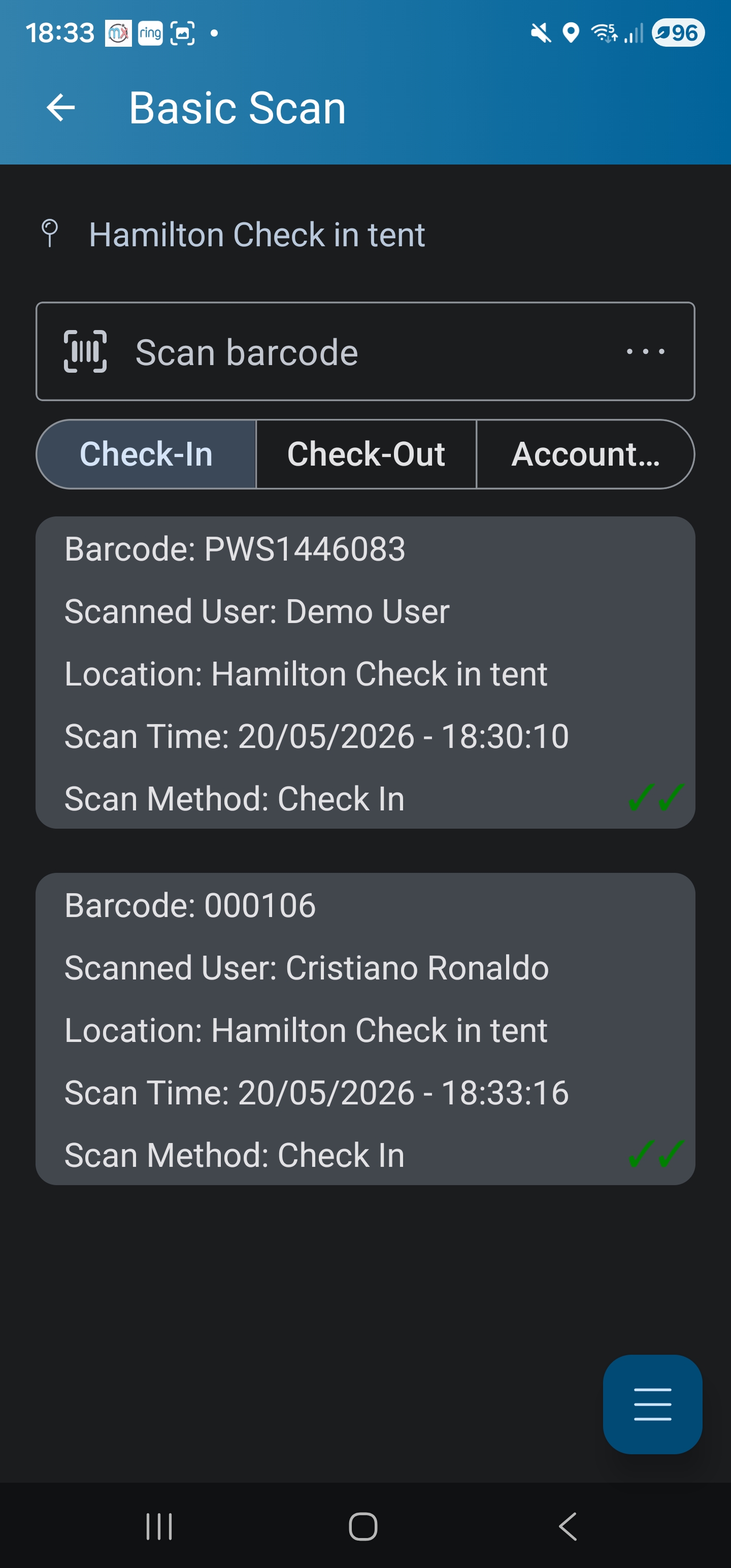 MX+ Mobile Basic Scan — Hamilton check-in tent, barcode scan with timestamped check-in records.
