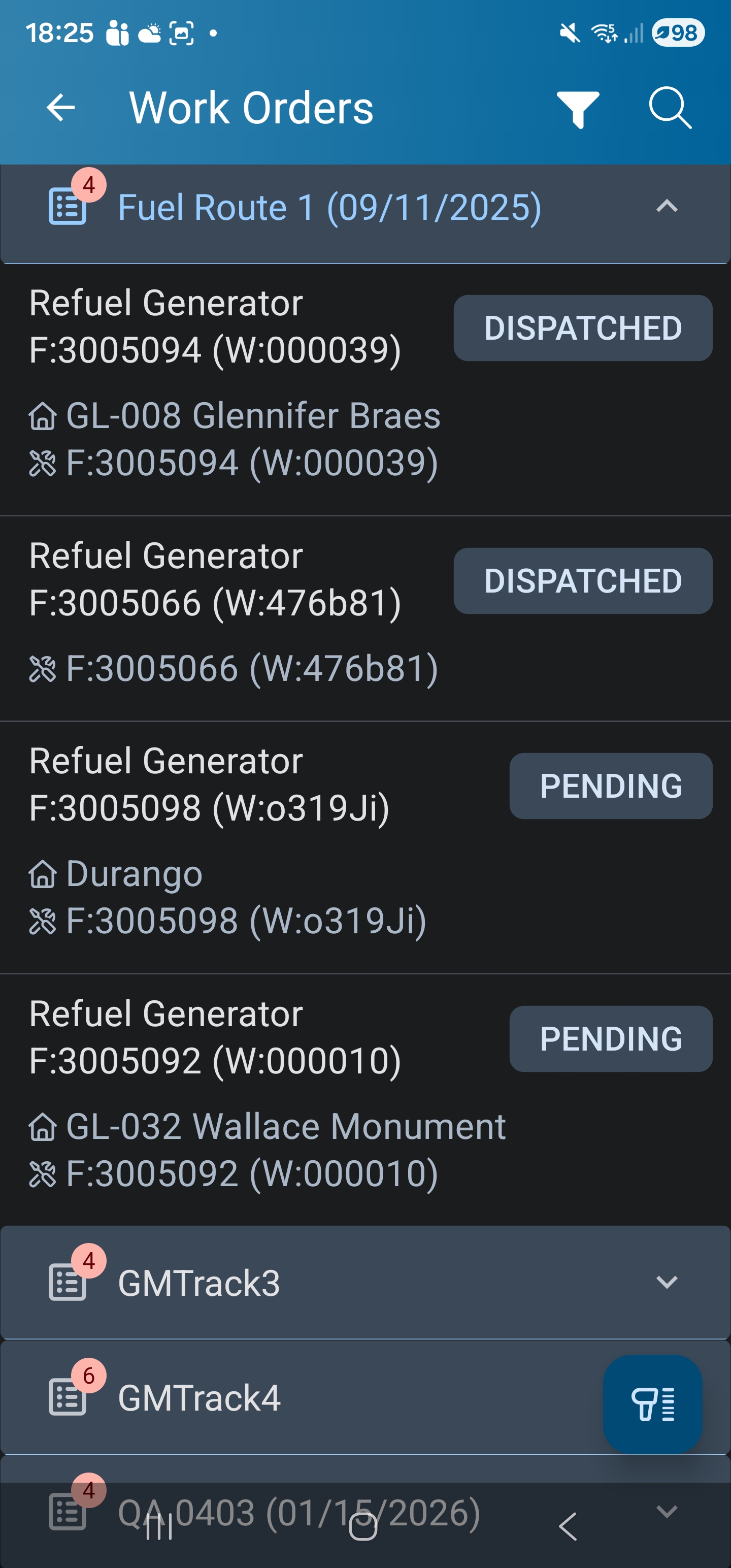 MX+ Mobile work orders list — grouped by route, with Refuel Generator tasks dispatched and pending.